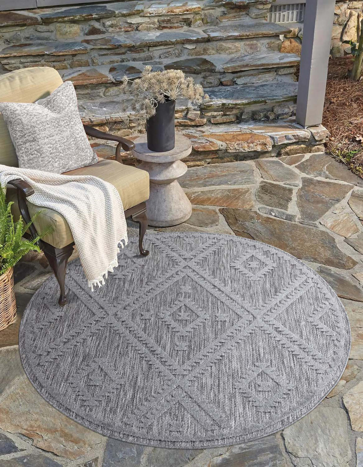 OUTDOOR-TEPPICH Santorini 454 Anthrazit 200 cm Rund - Anthrazit, Textil (200/200cm) - carpet city