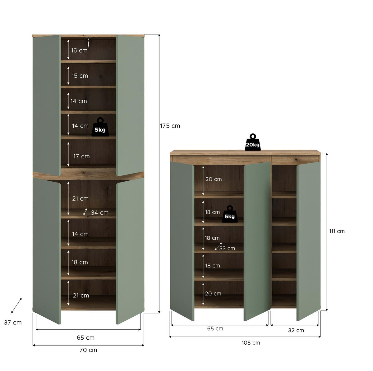 UNIVERSALSCHRANK Canto 2 tlg. (B/H/T: ca. 190/175/37 cm) in Evoke Oak Nachbildung/Smoke Green - Eichefarben, Holzwerkstoff (190/175/37cm)