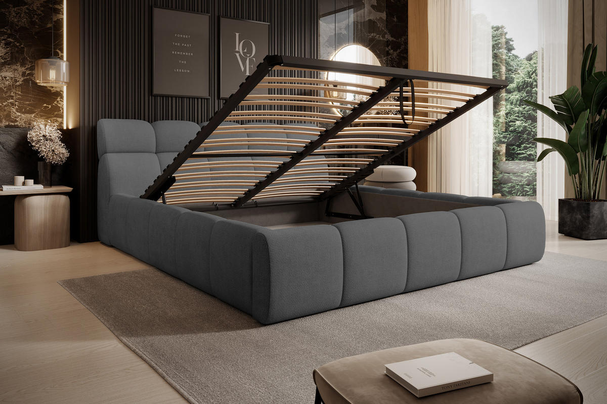 POLSTERBETT GIULIA, komfortabel, mit Bettkasten, verstellbarem Kopfteil und LED, 160x200x96 cm, Farbe Anthrazit - Anthrazit/Schwarz, Holzwerkstoff/Kunststoff (160/200cm) - DomoHome