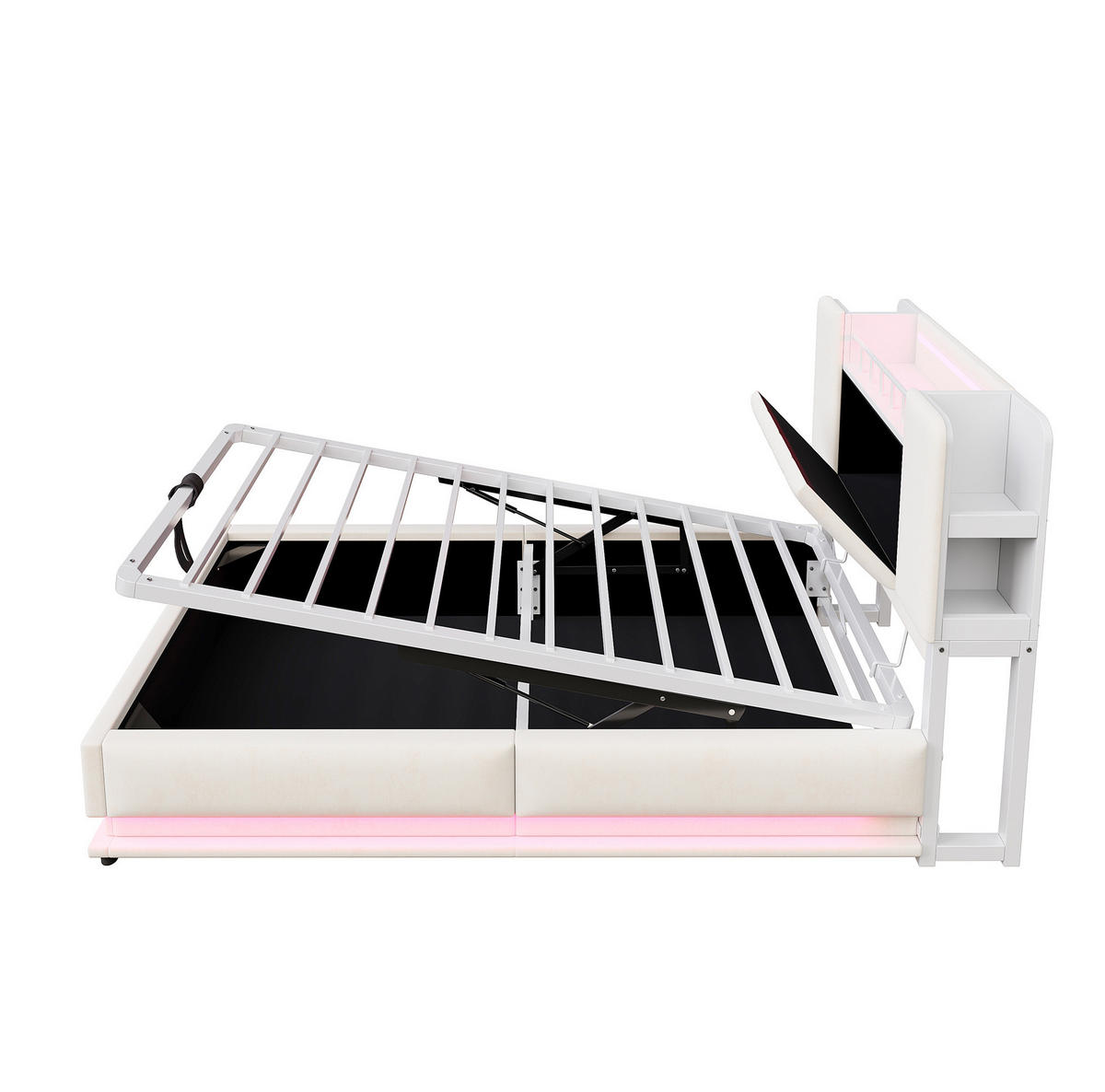 POLSTERBETT 90/200 cm mit LED-Beleuchtung, USB-Anschluss und Bettkasten - Beige, Textil (90/200cm) - BEAOK
