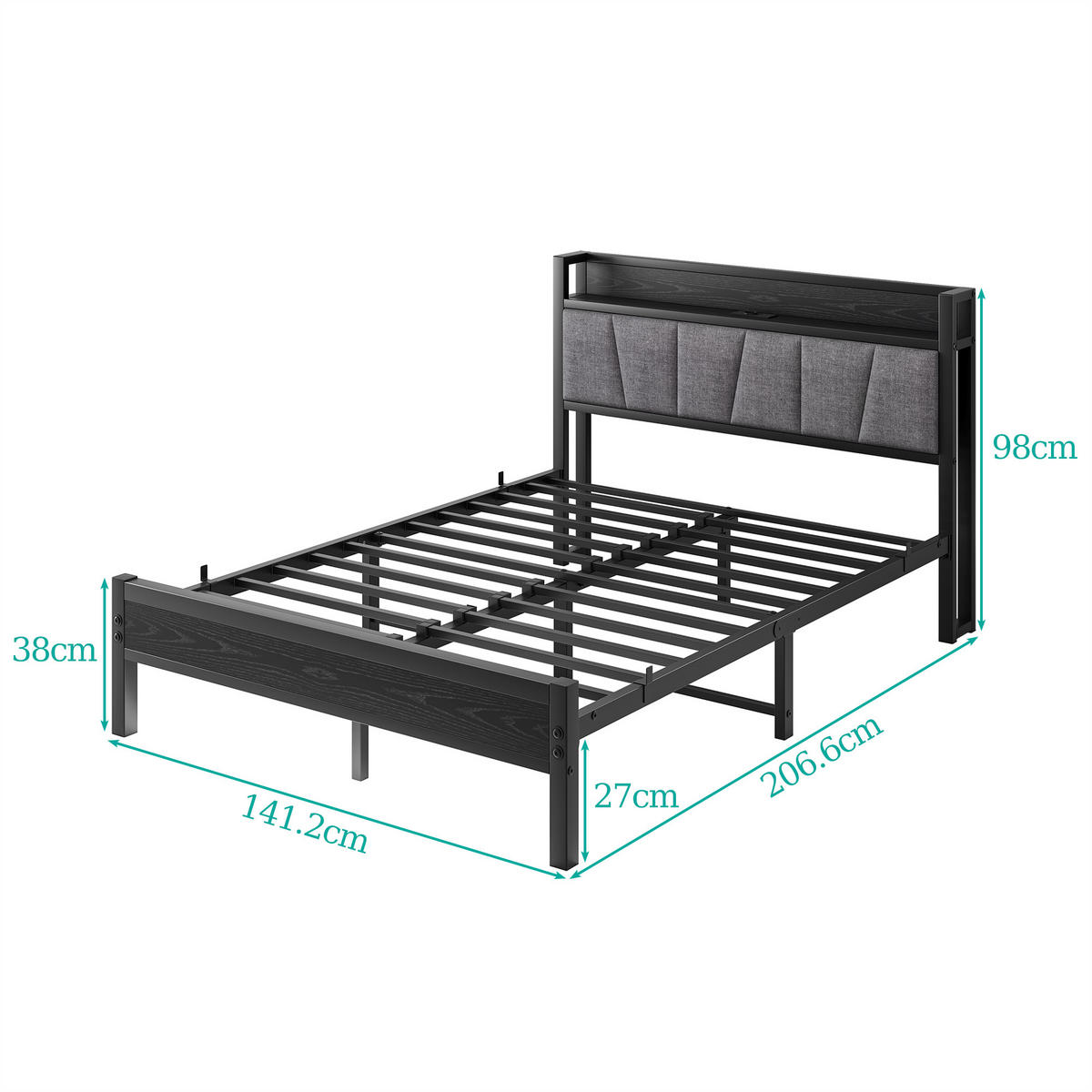 METALLBETT 140/190 cm Schwarz mit LED und USB - Schwarz, Metall (140/190cm) - Oxeza