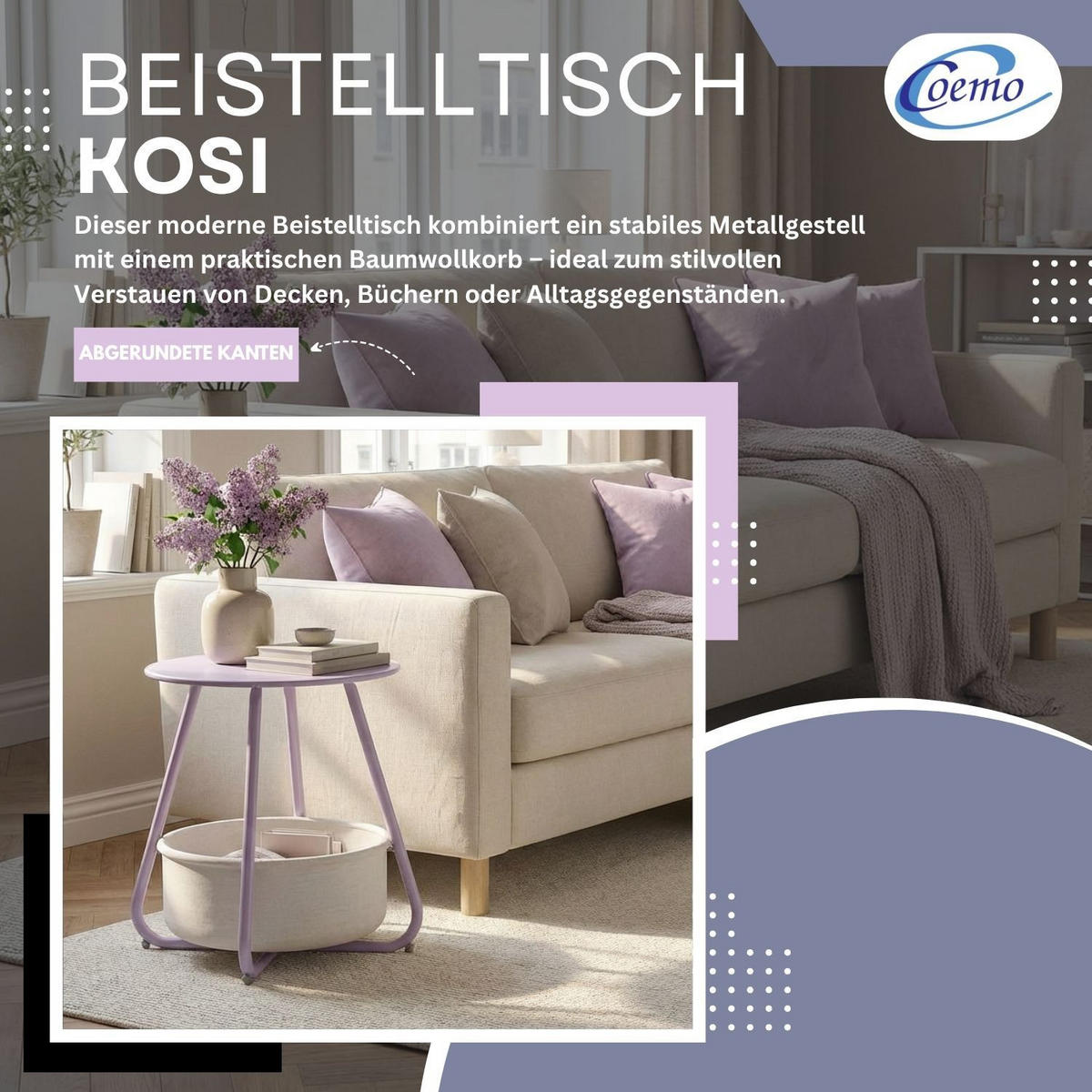 COUCHTISCH KOSI Metall mit Aufbewahrungskorb Canvas Lila - Lila, Metall (50/50/45cm) - Coemo