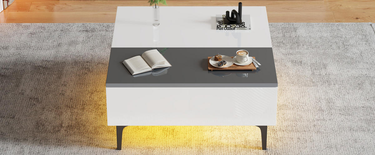 COUCHTISCH, höhenverstellbar bis 48,5 cm, MDF Hochglanz mit LED & verstecktem Stauraum, 70/70/35 cm, Weiß und Grau und schwarz - Weiß, Holzwerkstoff (70/70/35cm) - Redom