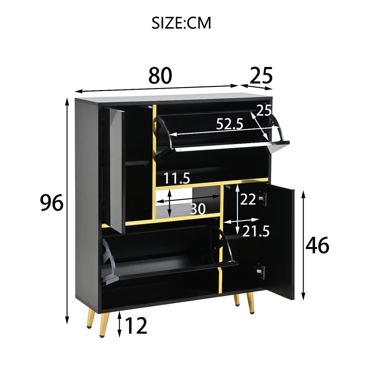 SCHUHSCHRANK in Schwarz Hochglanz Schuhkipper mit LED-Licht für Eingangsbereiche, Flur und Schlafzimmer, B80/T25/H96 cm - Goldfarben/Schwarz, Holzwerkstoff/Metall (80/96/25cm) - STILVORA