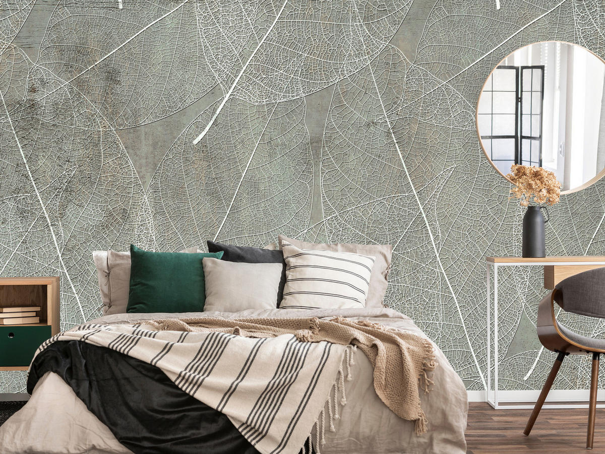 FOTOTAPETE für Schlafzimmer Weiße Blätter auf Beton 150x105 - Weiß/Grau, Papier (150/105cm) - Muralo