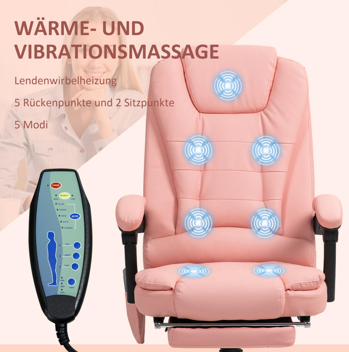BÜROSTUHL mit Massagefunktion höhenverstellbar Pink - Pink, Metall (67/121/67cm) - Meubliv