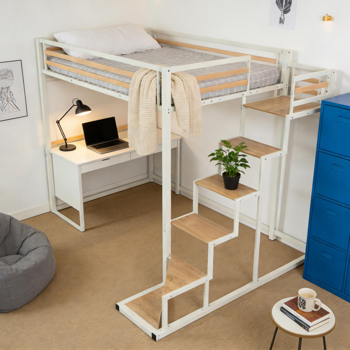 HOCHBETT mit Treppe und Arbeitsbereich – Metallbett Weiß/Eicheoptik, platzsparendes Loftbett mit Schreibtischbereich - Weiß, Metall (148/201cm) - Meubles Cosy