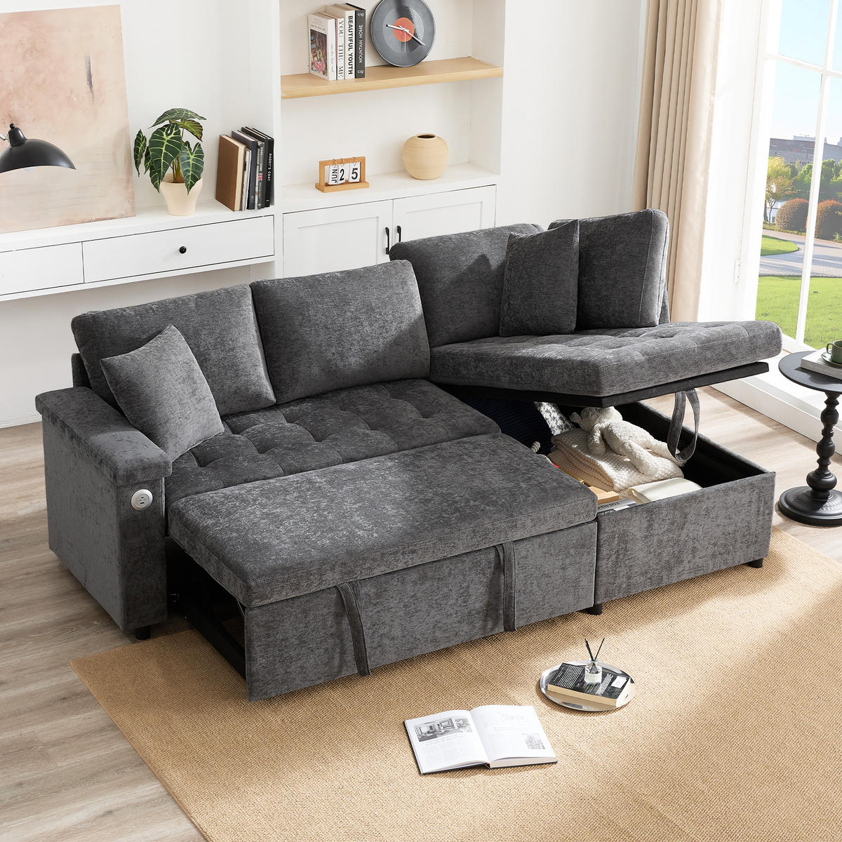SCHLAFSOFA L-Form mit Stauraum, USB und 2 Kissen, Grau - Dunkelgrau, Textil (209/84/130cm)