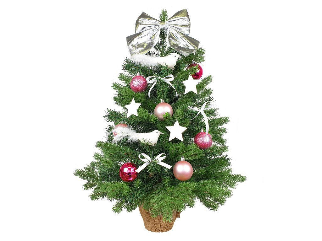WEIHNACHTSBAUM künstlicher 60 cm mit LED-Beleuchtung, ROSENFEST, mit 35 Weihnachtsbaumschmuck, Pflanztopf mit Jutesack - Pink/Silberfarben, Kunststoff/Stein (40/60cm) - LAALU