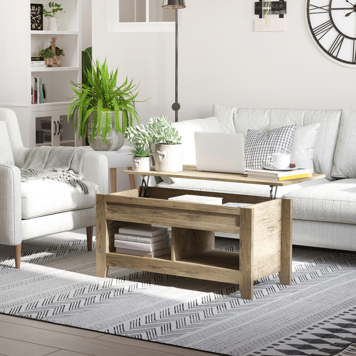 COUCHTISCH DE-15733 klappbare Platte, 105x50x49-62,5 cm Hell Eiche - Eichefarben, Holzwerkstoff (105/74/61.5cm) - ComfortXL
