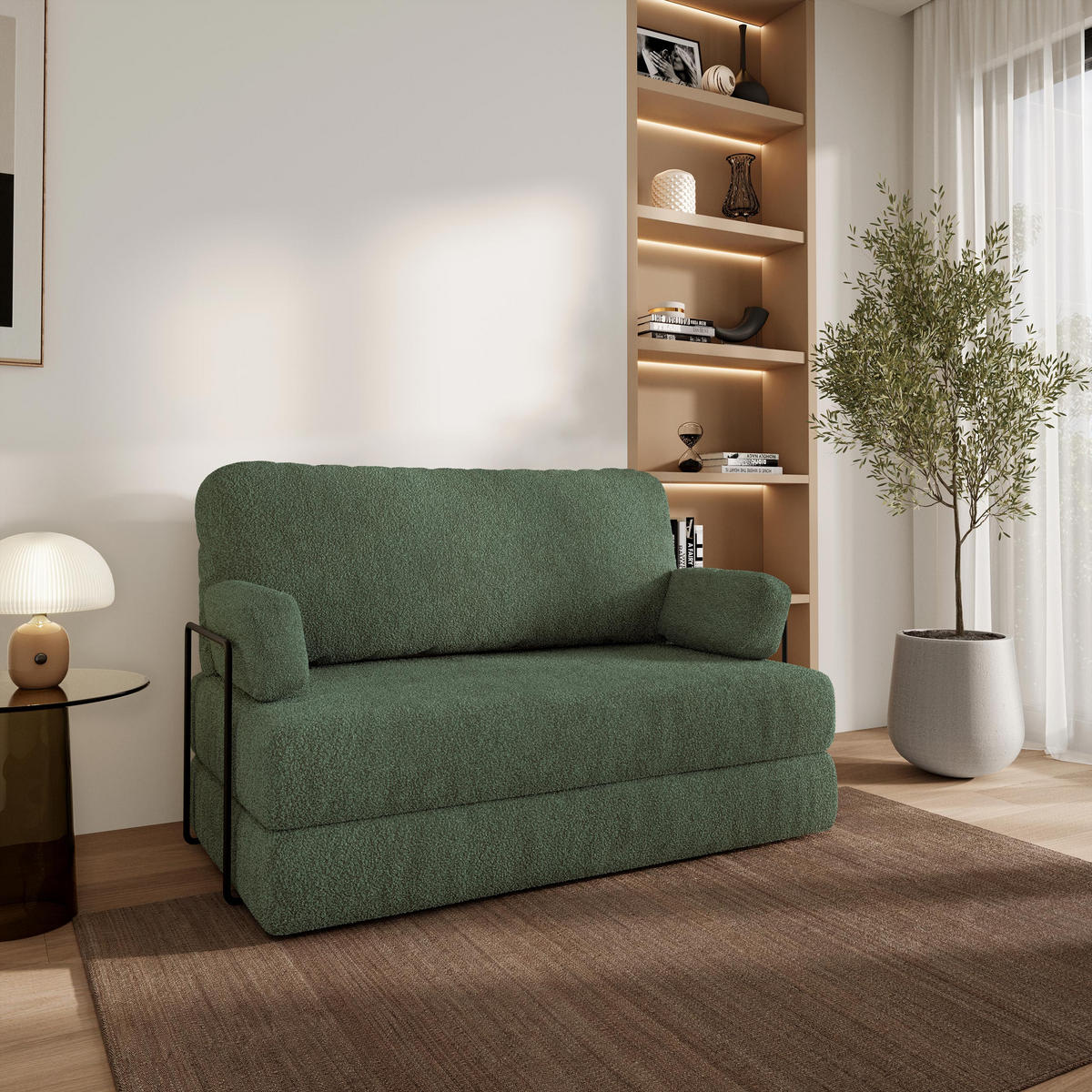 BETTSOFA KESTE aus Schaumstoff Bucle-Stoff Grün Schlaffunktion - Grün, Textil (140/86/60cm) - MASSENO