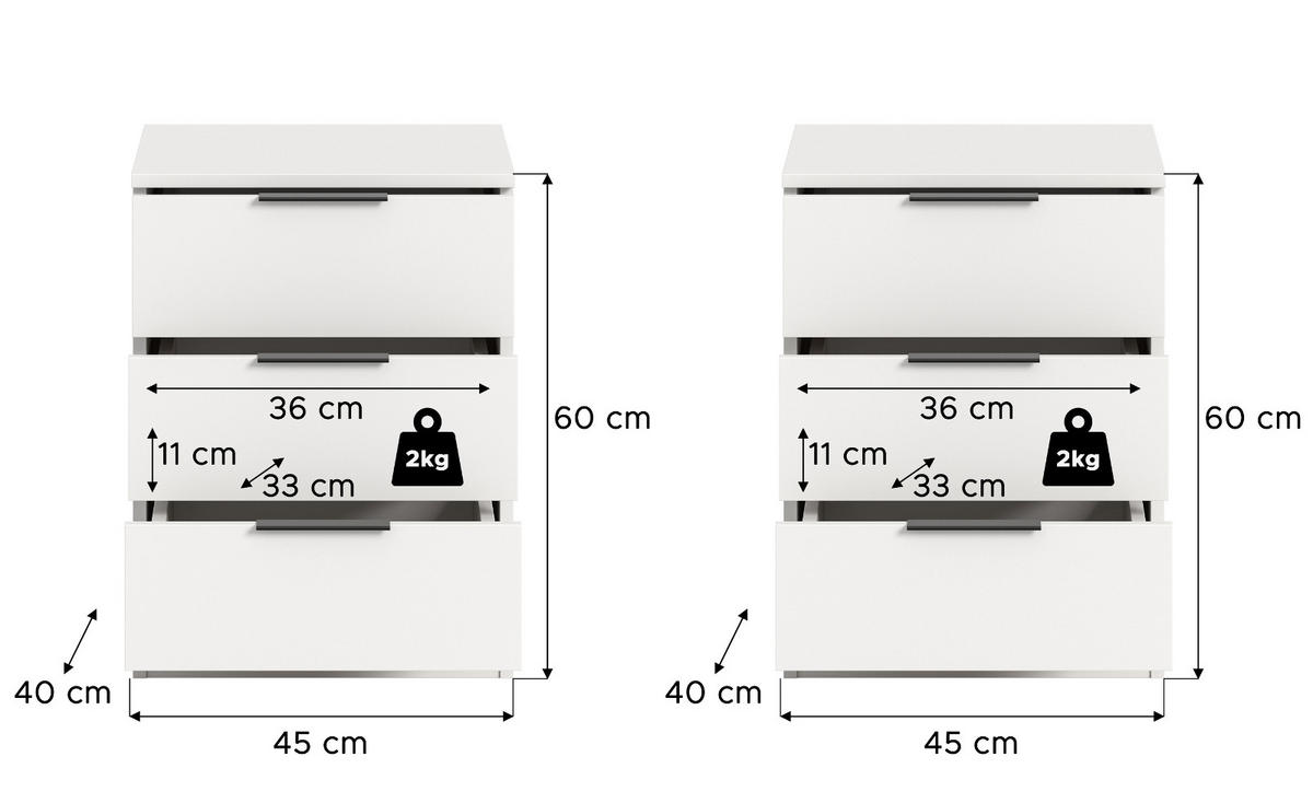 NACHTTISCH 2er Set weiß 45 x 60 cm, Nachtkommode in Komforthöhe - Schwarz/Weiß, Holzwerkstoff/Kunststoff (45/60/40cm) - Inn.Furn