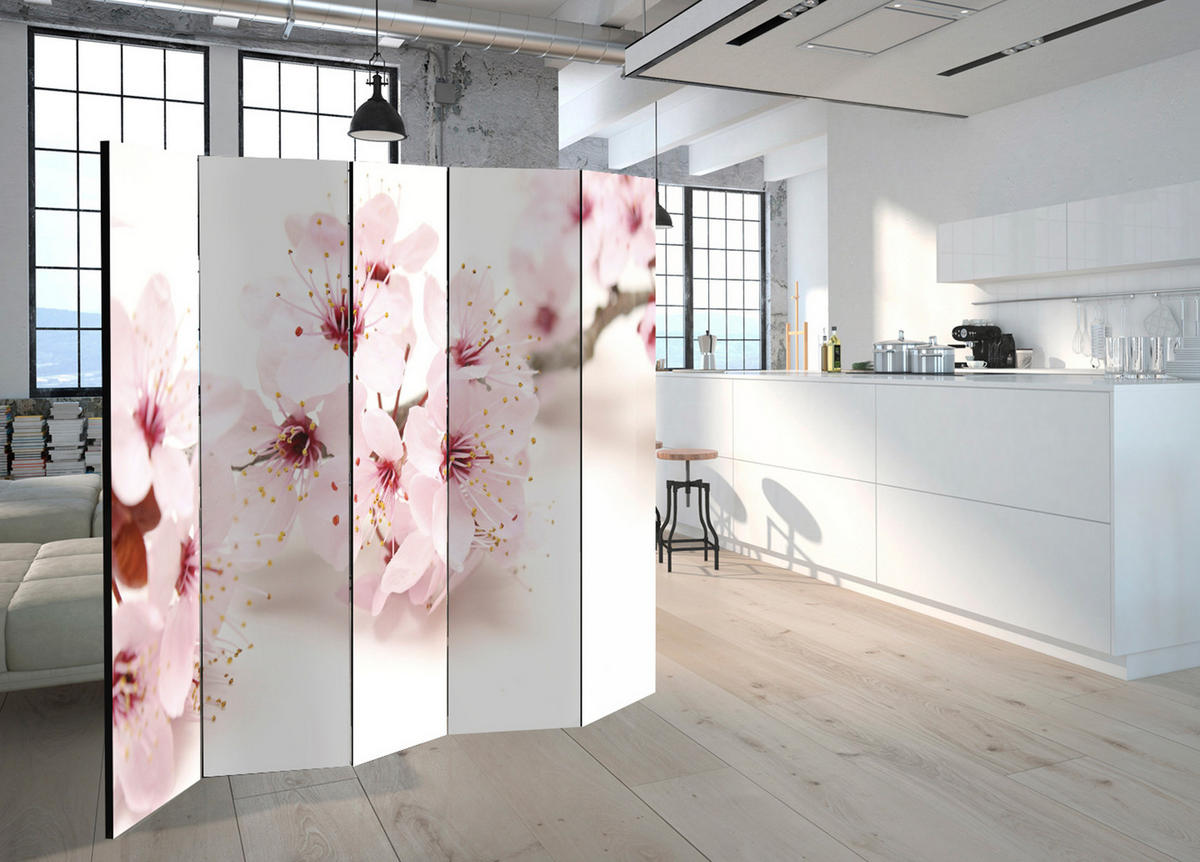 PARAVÁN Akustický 5-dielny 225x172 cm Čerešňové Kvety Príroda - ružová, drevo/textil (225/172/3cm) - Muralo