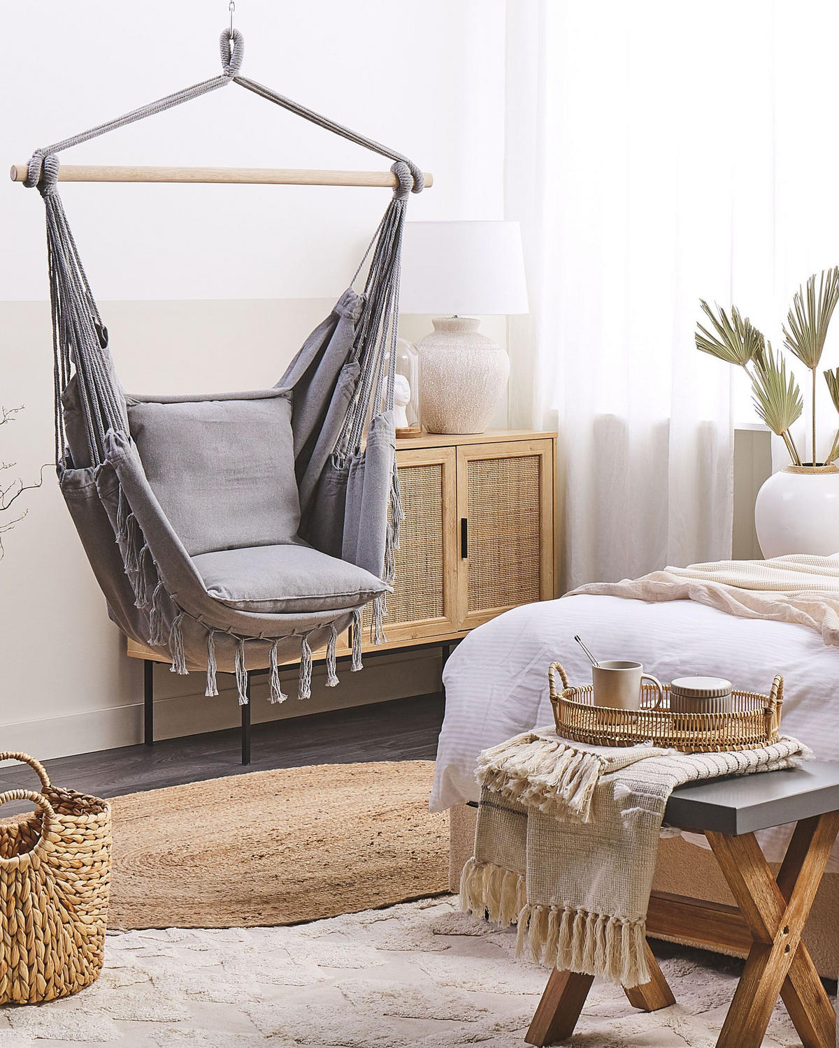 HÄNGESSESSEL Makramee Baumwolle hellgrau Bonea - Hellgrau, Textil (95/125/55cm) - Beliani
