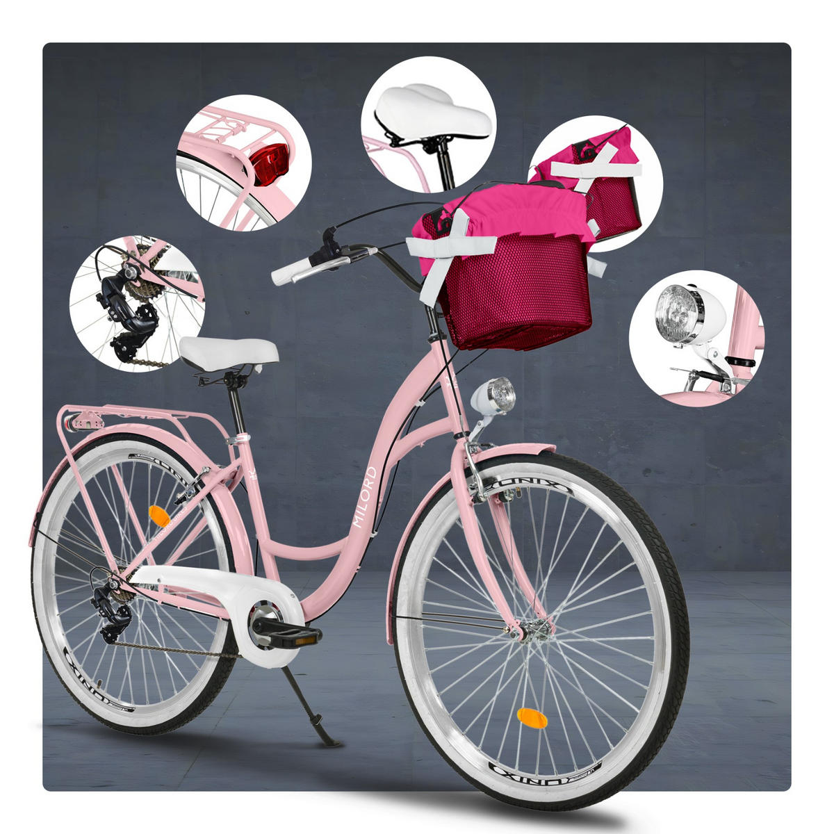 CITY-FAHRRAD Milord mit Metallkorb, 28 Zoll, Rosa, 7-Gang - Pink, Metall (46cm) - Milordbikes