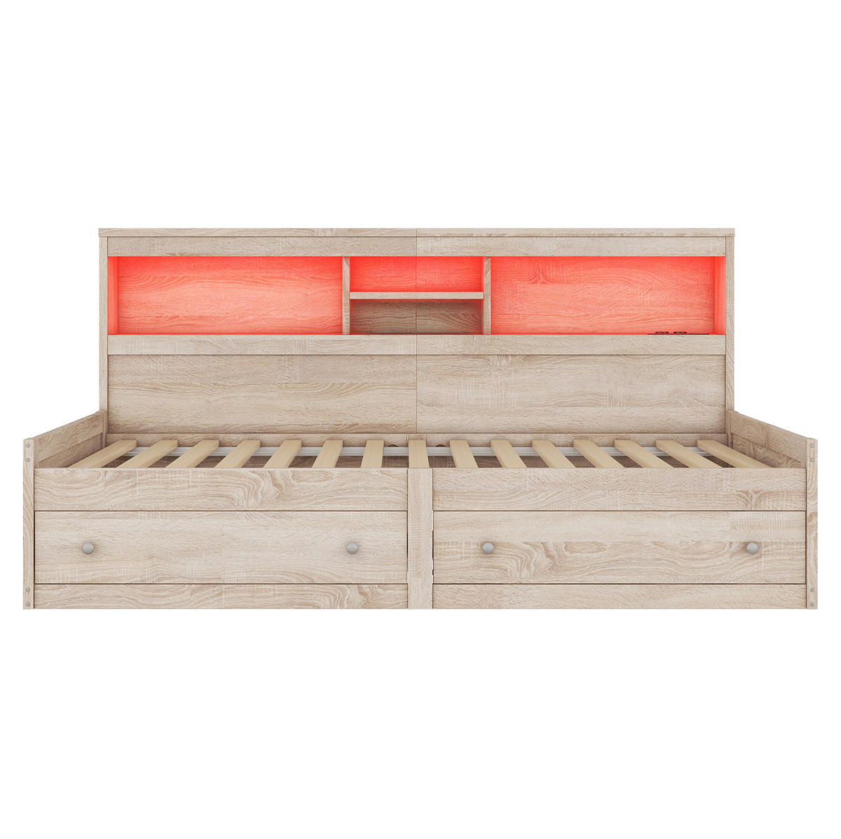 KINDERBETT 90/200 cm in Natur mit USB-Anschlüssen, LED-Licht und 2 Schubladen - Naturfarben, Holzwerkstoff (90/200cm) - BEAOK