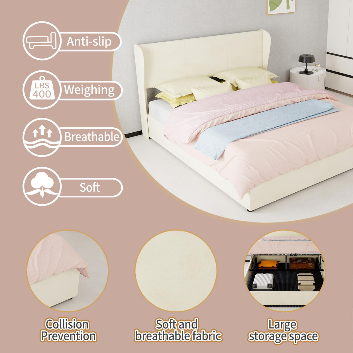 POLSTERBETT 160/200 mit Velourskopfteil und Stauraum in Beige - Beige, Holzwerkstoff/Textil (160/200cm) - EVRYAE