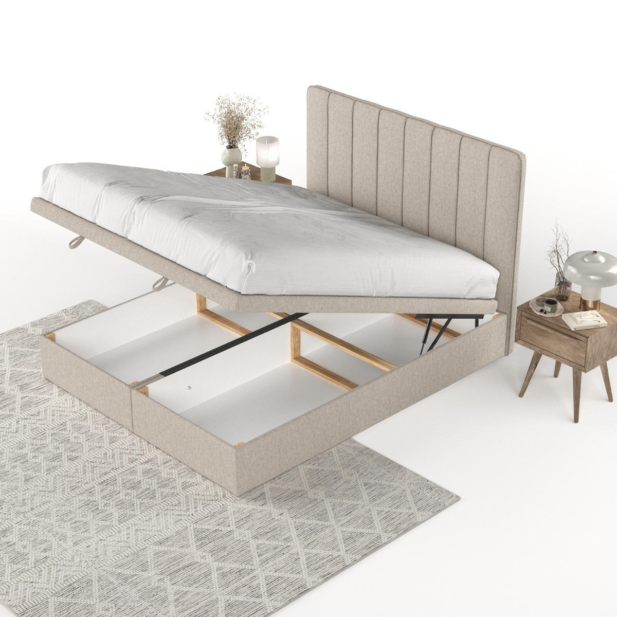 POLSTERBETT Vienna mit Stauraum 180/200 cm Hellbeige im Megan Stoff - Beige/Schwarz, Holz/Holzwerkstoff (180/200cm) - AltaBeds