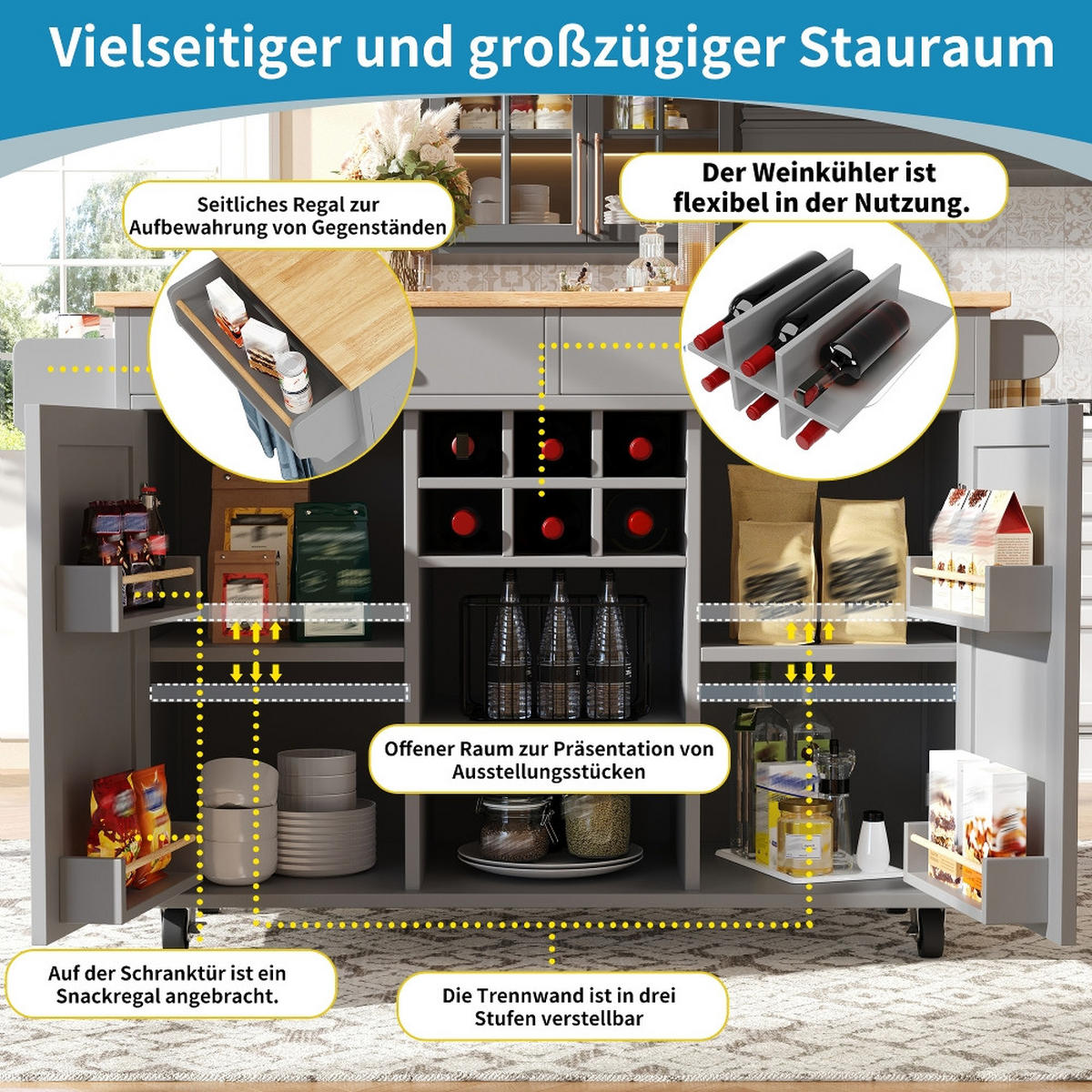 KÜCHENINSEL MIT ROLLEN, Multifunktionaler Buffetschrank, MDF/Metall, Grau-Holzoptik, Küche & Esszimmer, 102/45/92 cm - Grau, Kunststoff (45/92/102cm) - Rolipo