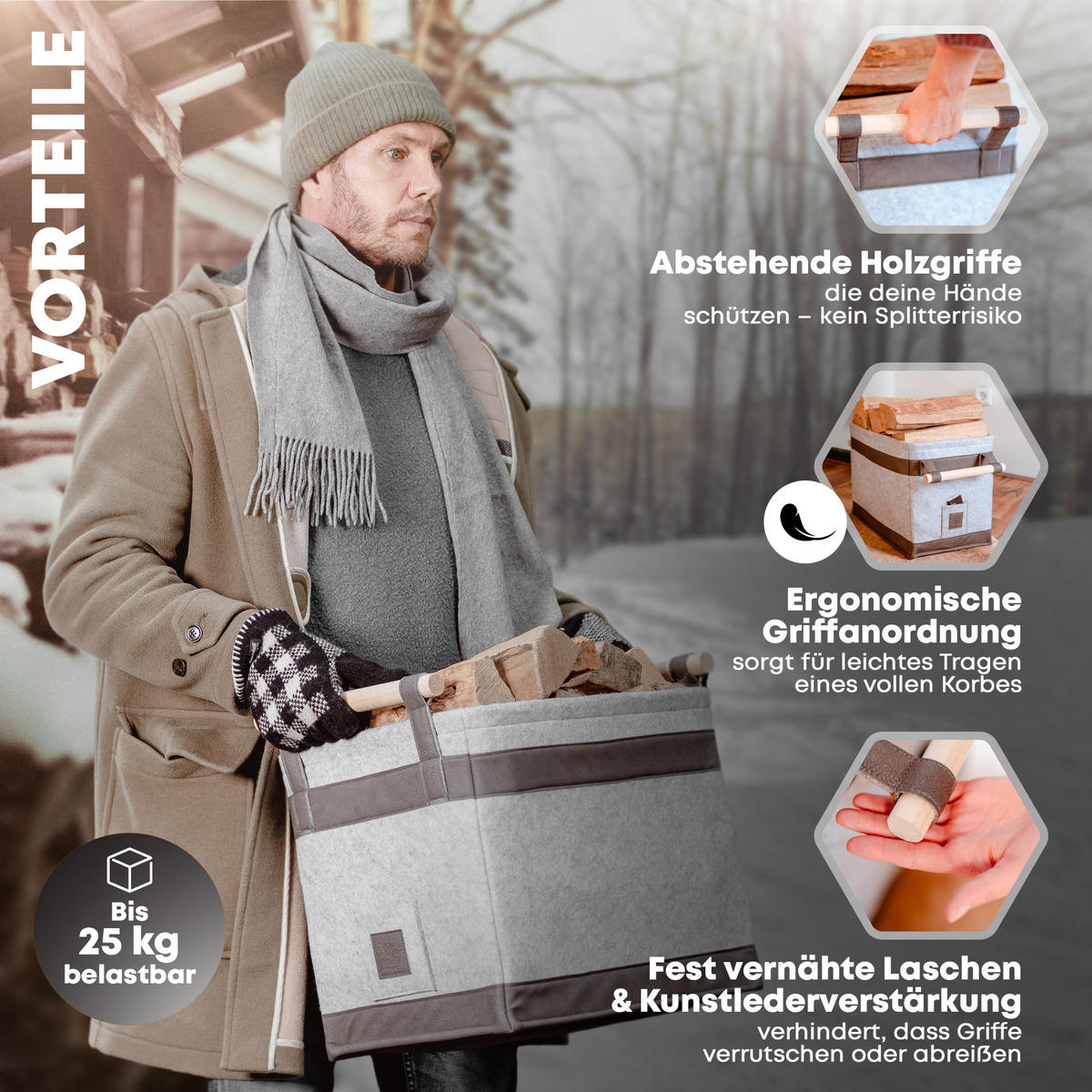 KAMINHOLZKORB FireMaster Filz mit schmutz- und wasserabweisendem Innenlayer und Lederboden 42/32/35 cm - Grau, Textil (32/35/42cm) - OAKAGE