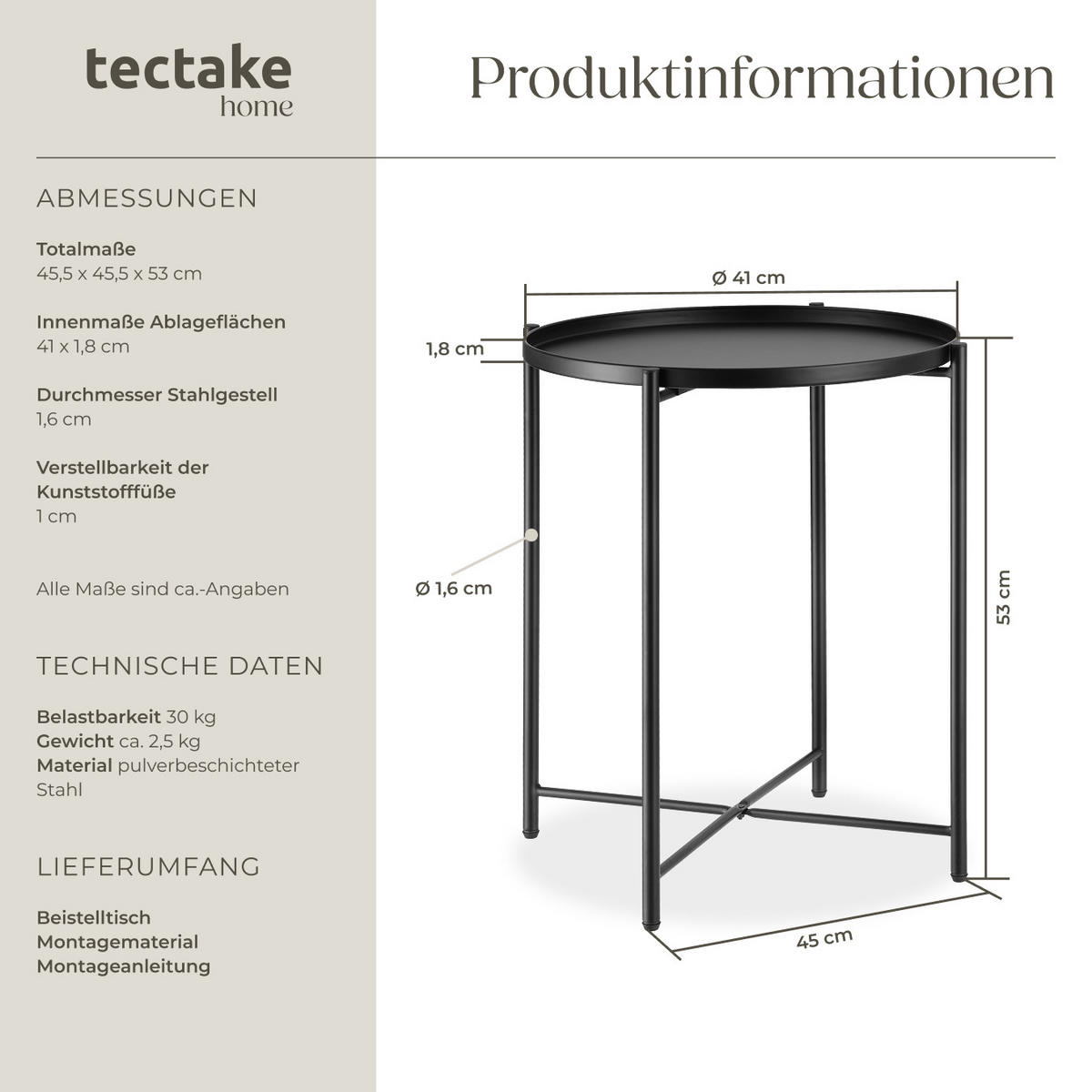 BEISTELLTISCH Chester,45,5 x 45,5 x 53 cm,schwarz - Schwarz, Metall (45.5/45.5/53cm) - tectake