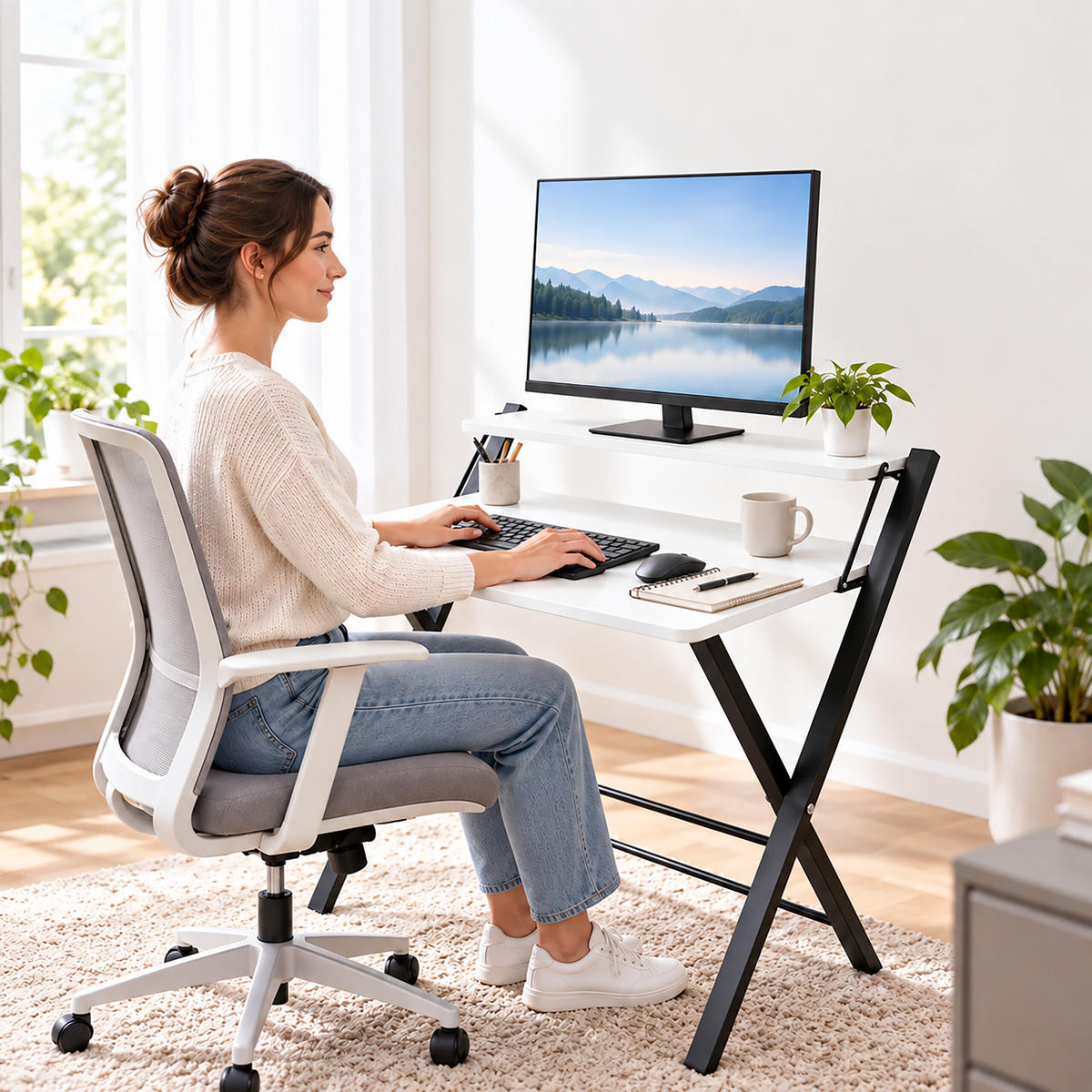 BIROU Negru pliabil cu suport monitor 70x56 cm - negru, compozit lemnos/metal (56/70/82cm) - Relaxdays