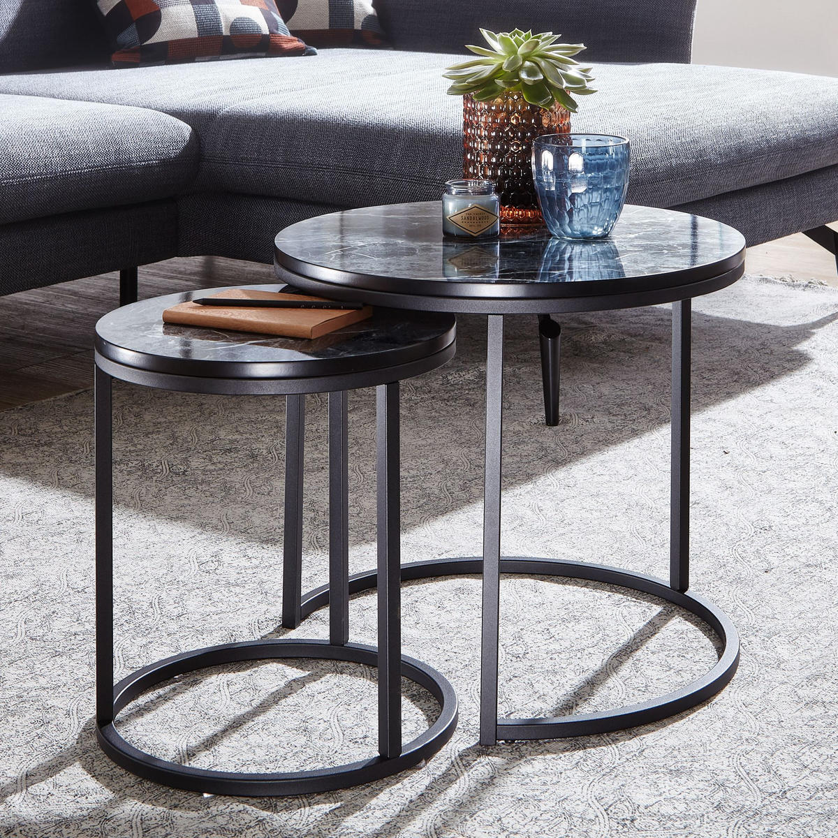 BEISTELLTISCH 2er Set Marmoroptik Metall Modern, Schwarz 50x50x45 cm - Schwarz, Holz/Metall (50/50/45cm) - KADIMA DESIGN
