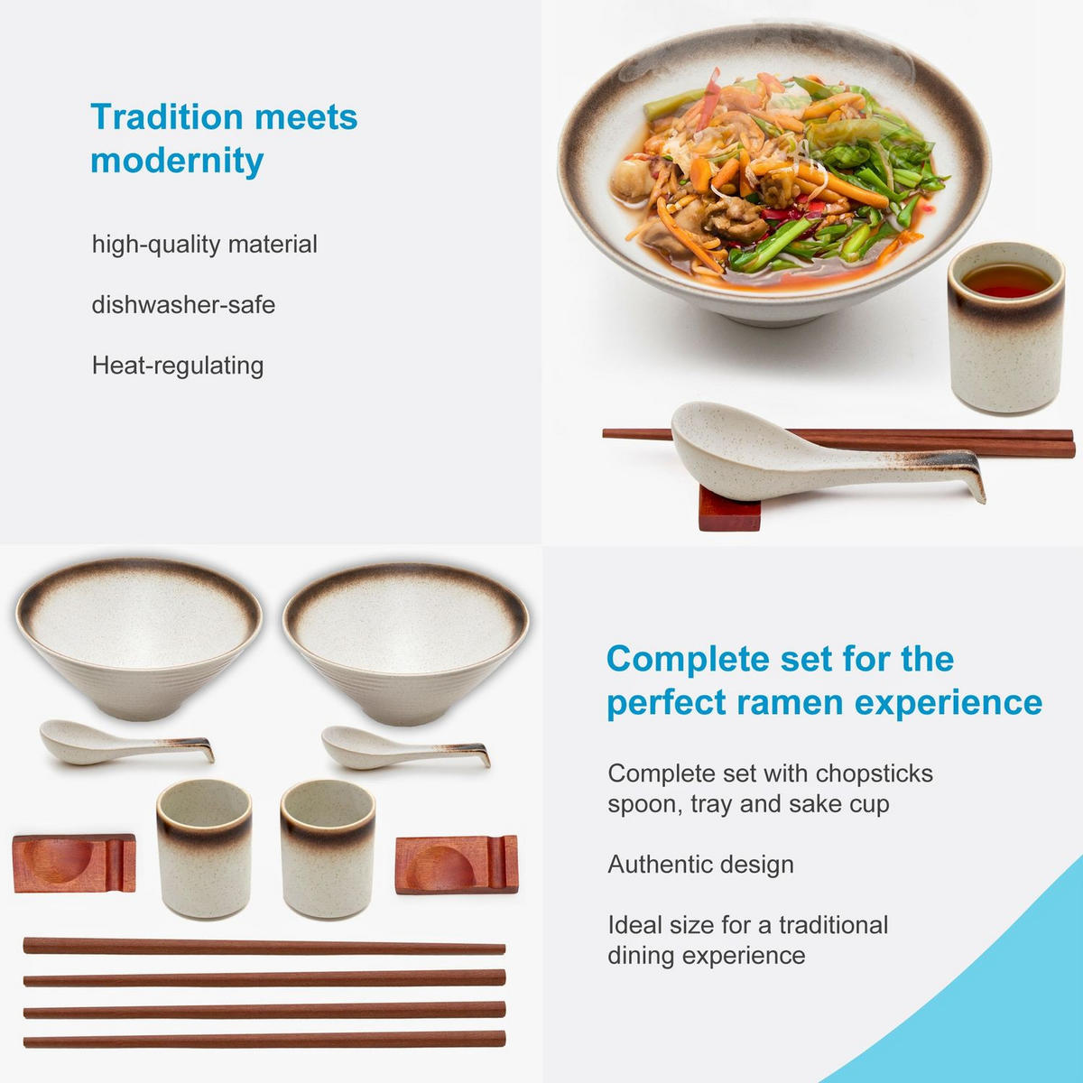 RAMEN SCHÜSSEL SET für 2 Personen aus Keramik - Weiß, Keramik - Intirilife