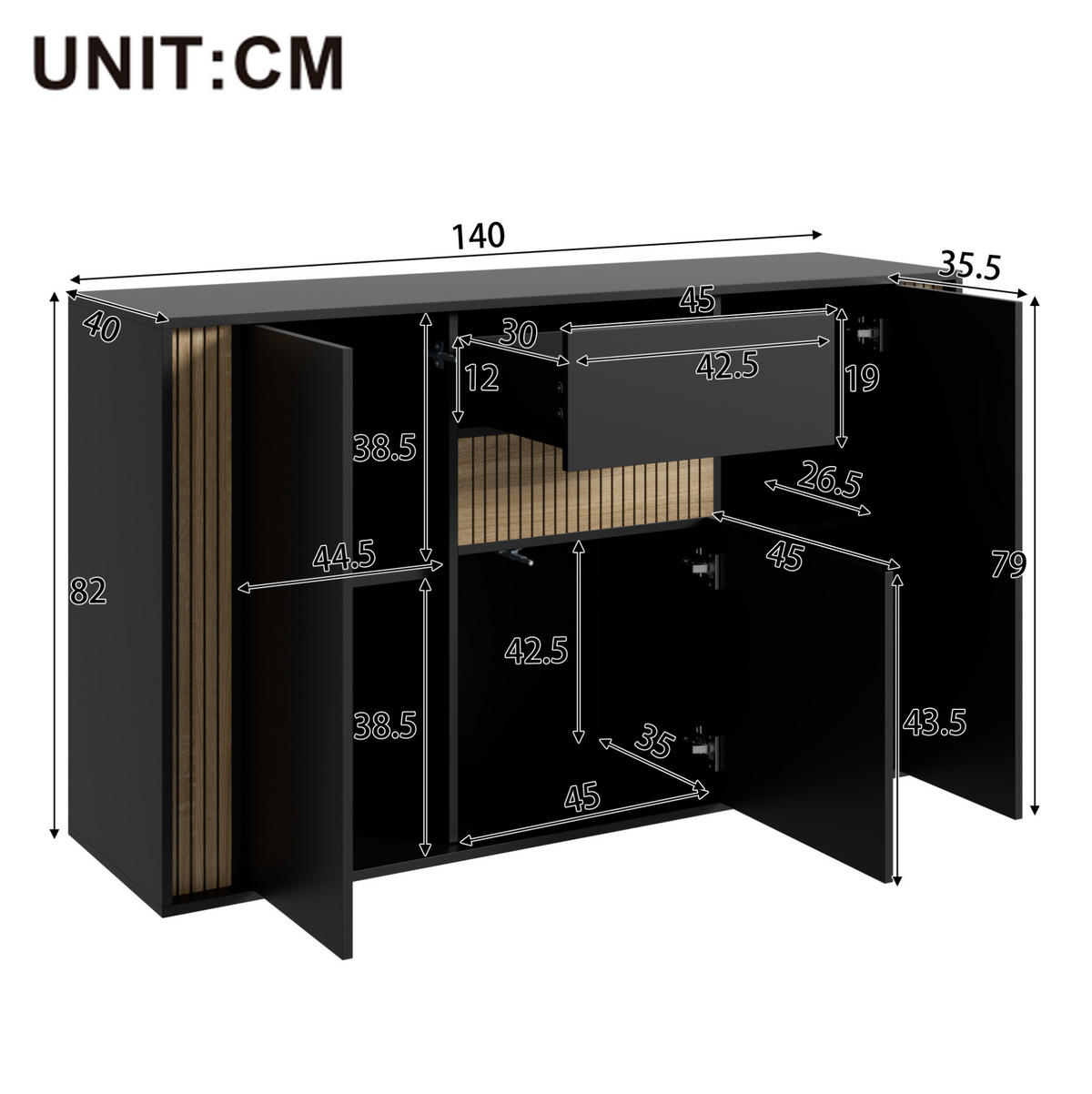 SIDEBOARD in Schwarz und Natur 140x40x82 cm mit 3 Türen, Schublade und verstellbarer LED-Beleuchtung - Schwarz, Holzwerkstoff (40/82/140cm) - IVMEU