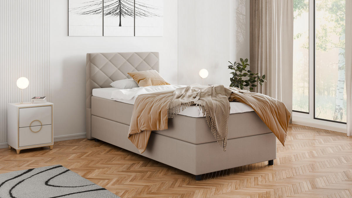 BOXBETT Diamaro 100x200 cm mit Bettkasten und Topper - Dunkelbeige - Beige, Holz (100/215cm) - Panda Möbel