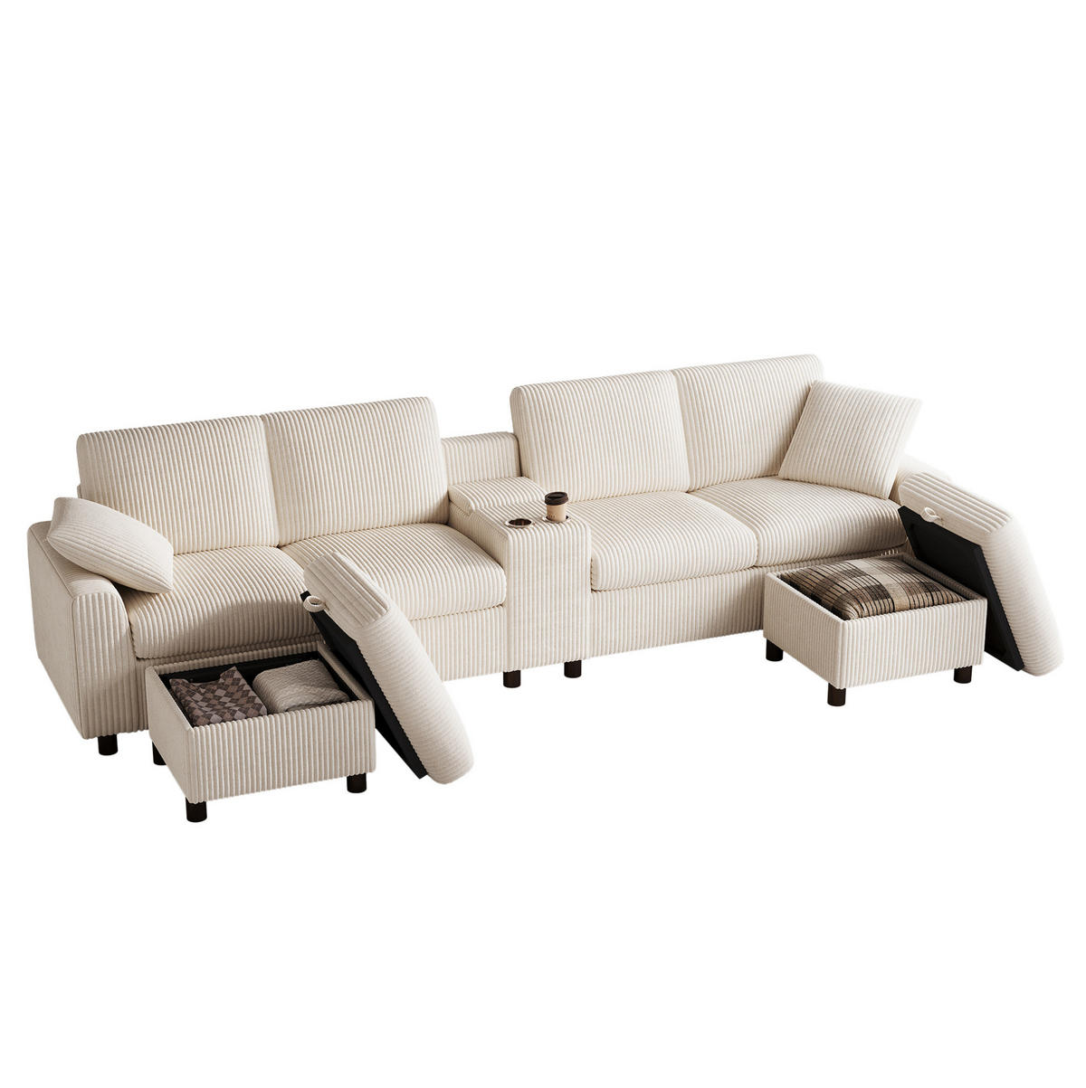 SEDACIA zostava v tvare U, 315/135/81 cm, menčester béžová, s úložnými taburetkami a nabíjaním - béžová, textil (315/81/135cm) - BEAOK