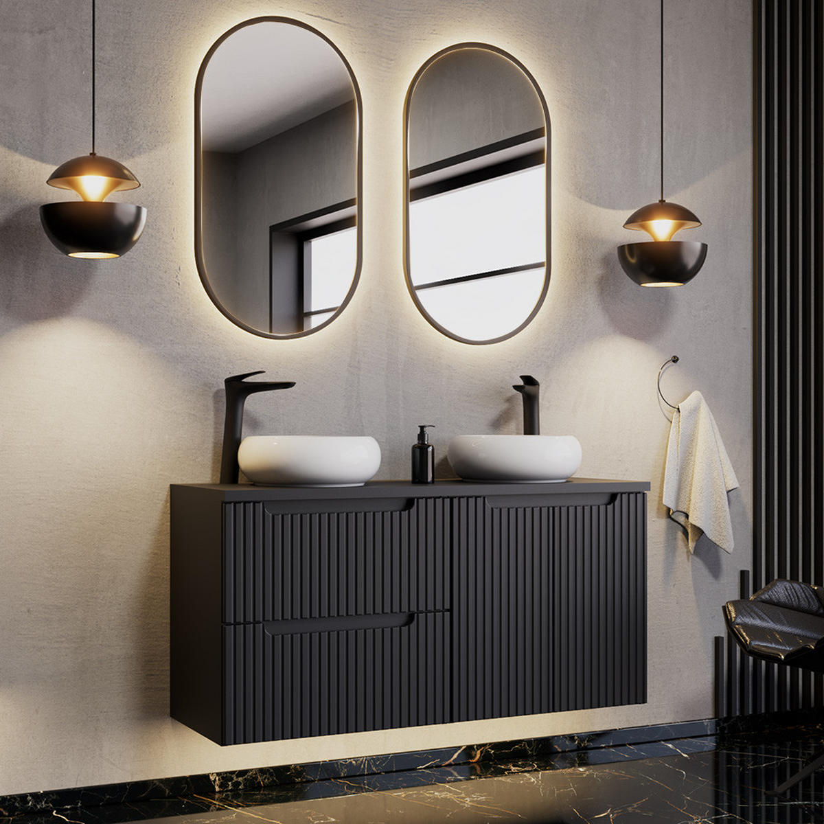 BADMÖBEL-SET 3-TLG. Newport-56 - Schwarz, Holzwerkstoff (120/200/40cm) - Lomado