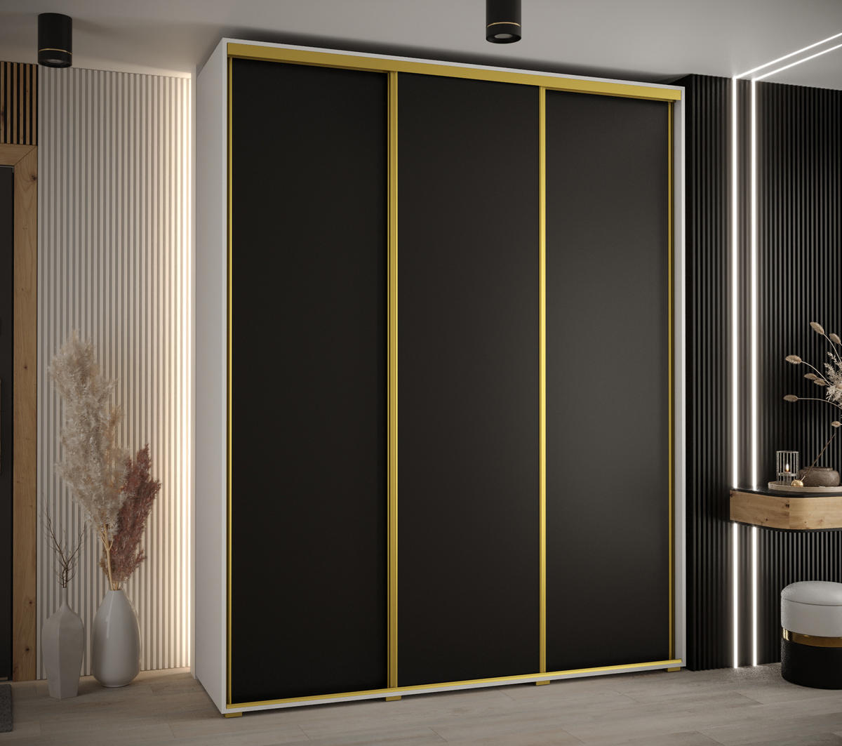 SCHWEBETÜRENSCHRANK 235,2/190/45 3-türig - Goldfarben/Schwarz, Holz/Metall (190/235/45cm) - Abiks Möbel