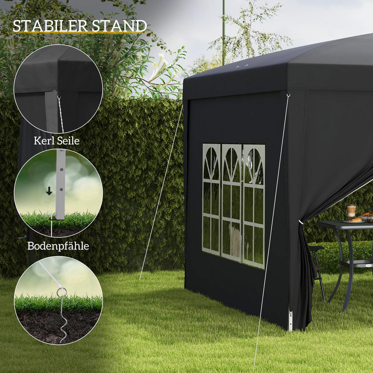 PAVILLON mit 4 Seitenwänden, Oxfordstoff, Stahl, Schwarz - Schwarz, Kunststoff (295/258/295cm) - Outsunny
