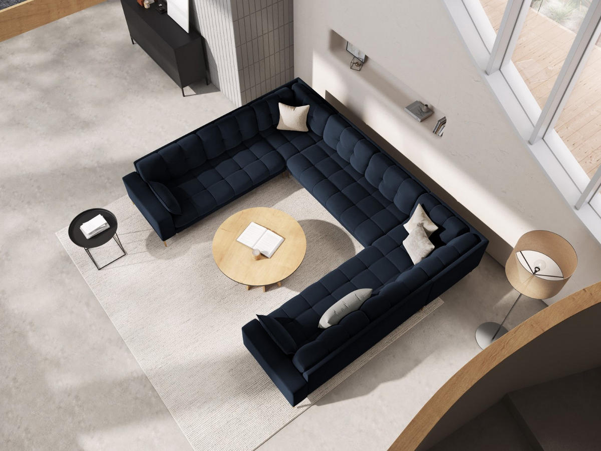 PANORAMASOFA Mamaia aus Samt dunkelblau 6 Sitzplätze - Dunkelblau, Textil (185/75/383cm) - Micadoni