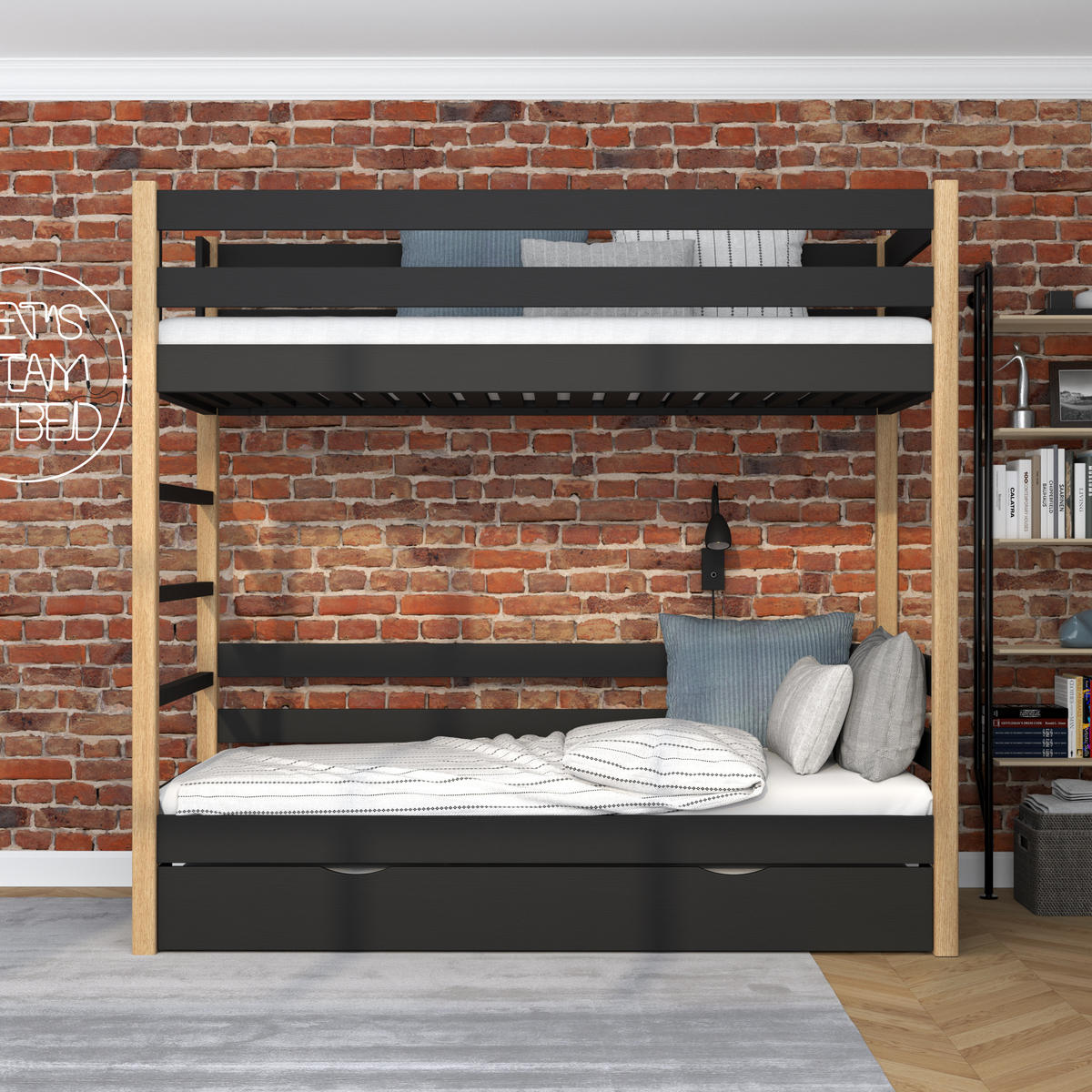 ETAGENBETT N03 mit Matratzenschublade Schwarz / Eiche Natur 120/180 - Schwarz/Eiche Artisan, Naturmaterialien/Holz (120/180cm) - N-Wood