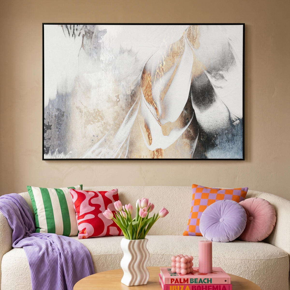 LEINWAND Bilder mit Rahmen - Luxus - Abstrakt - Gold - Weiß - 120x80 - Goldfarben, Textil (120/80cm) - MuchoWow