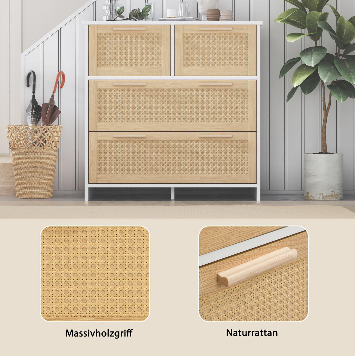 KOMMODE 80/80/38 cm Natur/Weiß aus MDF mit 4 Schubladen - Weiß, Holzwerkstoff (80/38/80cm) - OKMYHOME
