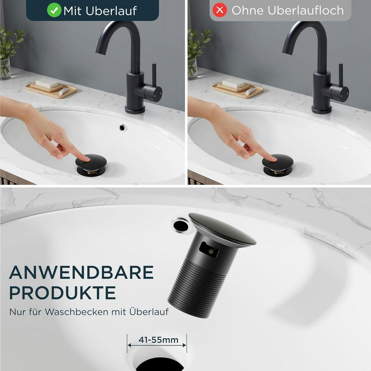 WASCHTISCHARMATUR Hoch Matt-Schwarz mit Ablaufgarnitur 175mm - Schwarz, Metall (15.1/17.5/25cm)