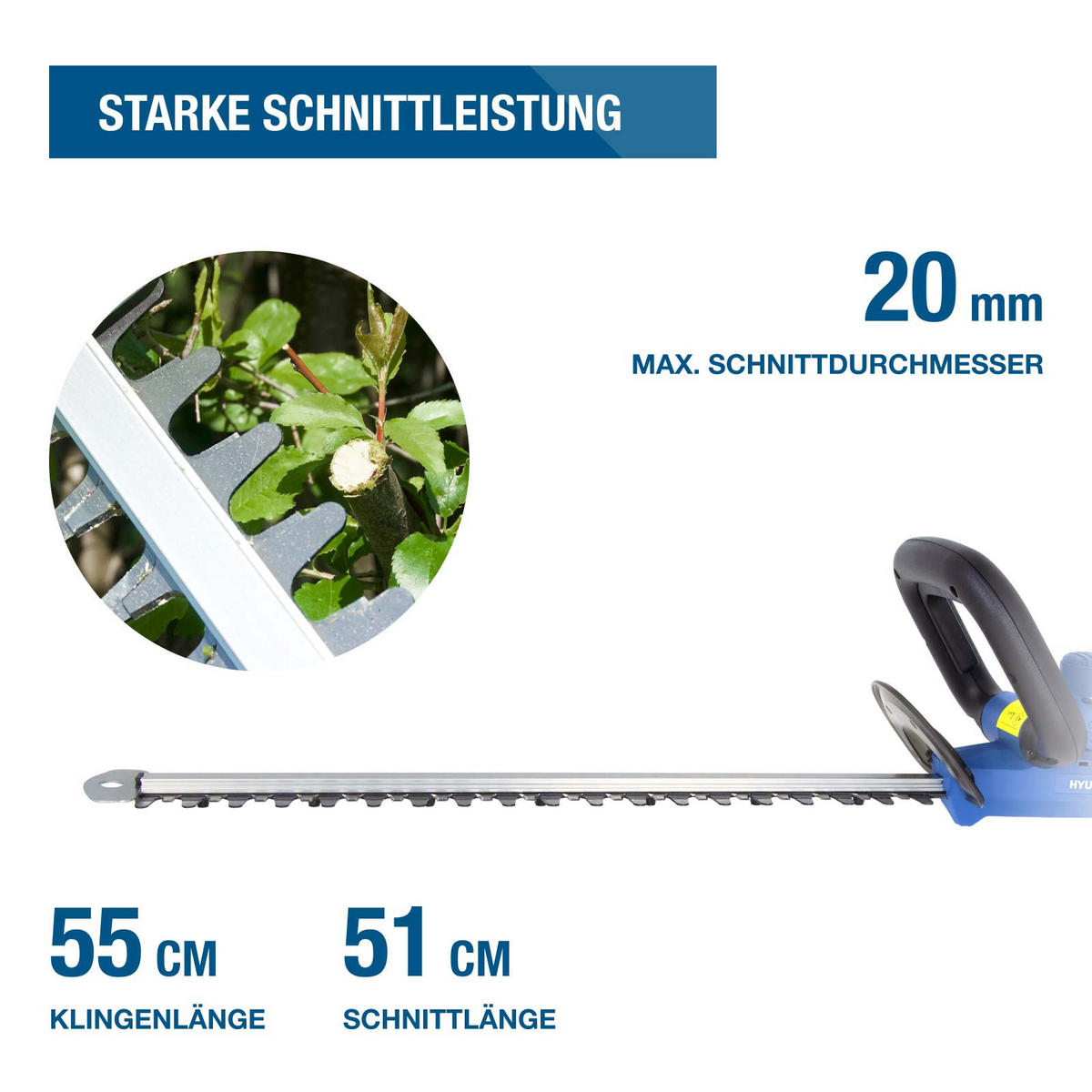 AKKU-HECKENSCHERE HT2051LI (20V, 51cm Schnittlänge, 20 mm Schnittstärke, ohne Akku und Ladegerät - Blau, Kunststoff (20/20.5/90cm) - Hyundai