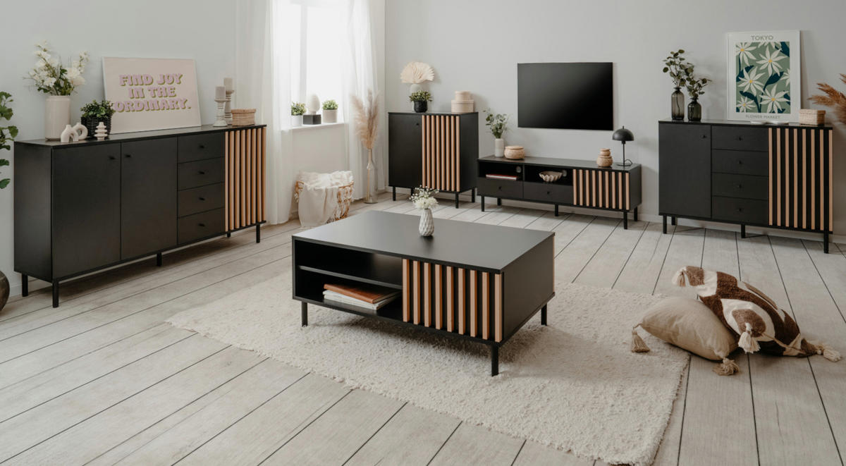 TV-LOWBOARD schwarz, Eiche Artisan 138 cm, TV-Unterteil mit 3D-Lamellen - Schwarz/Eiche Artisan, Holzwerkstoff/Metall (138/49/40cm) - Furn.Design