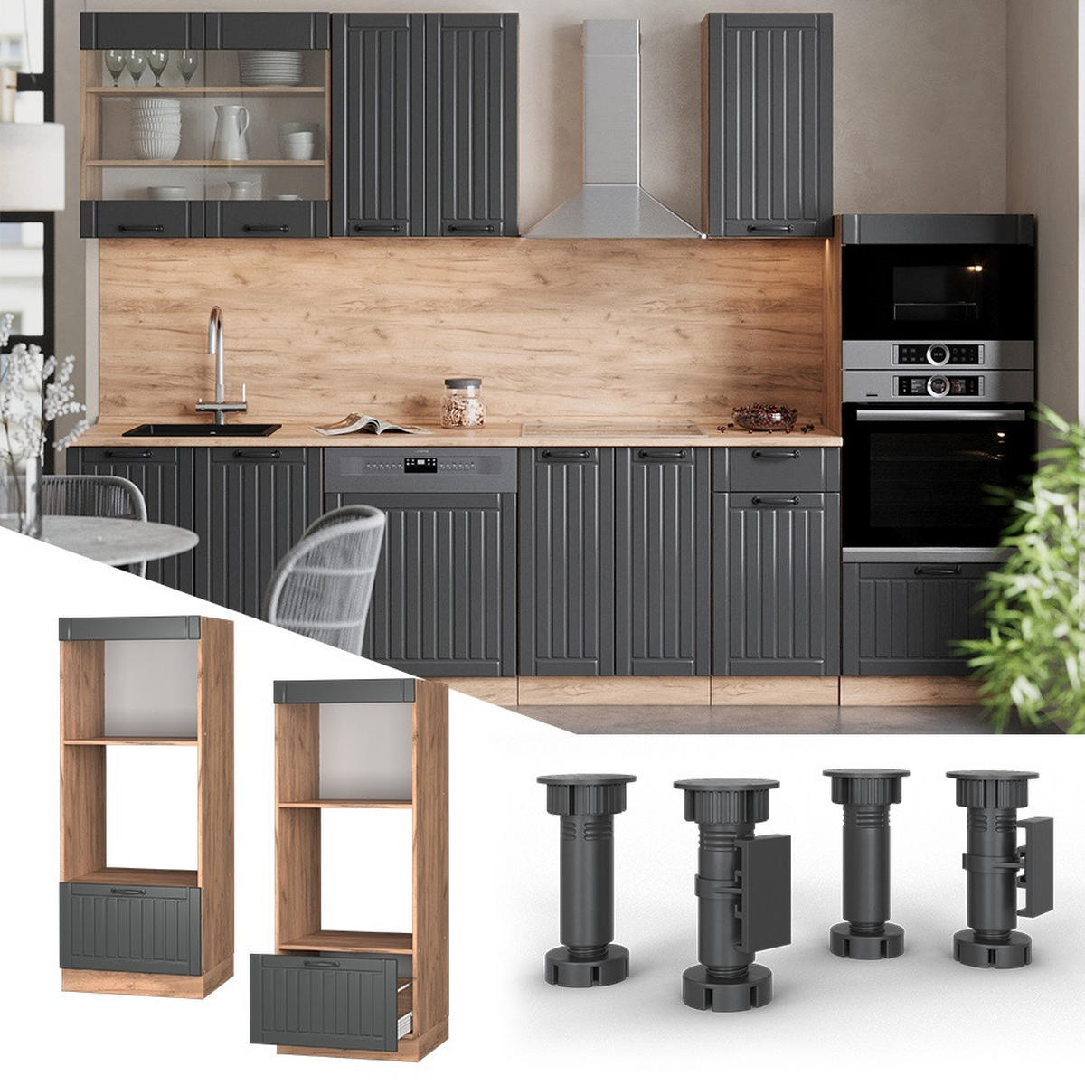 MIKROWELLENSCHRANK Fame-Line Dunkelgrau 60 cm - Honigeiche/Dunkelgrau, Holzwerkstoff (60/153.6/58.1cm) - Vicco