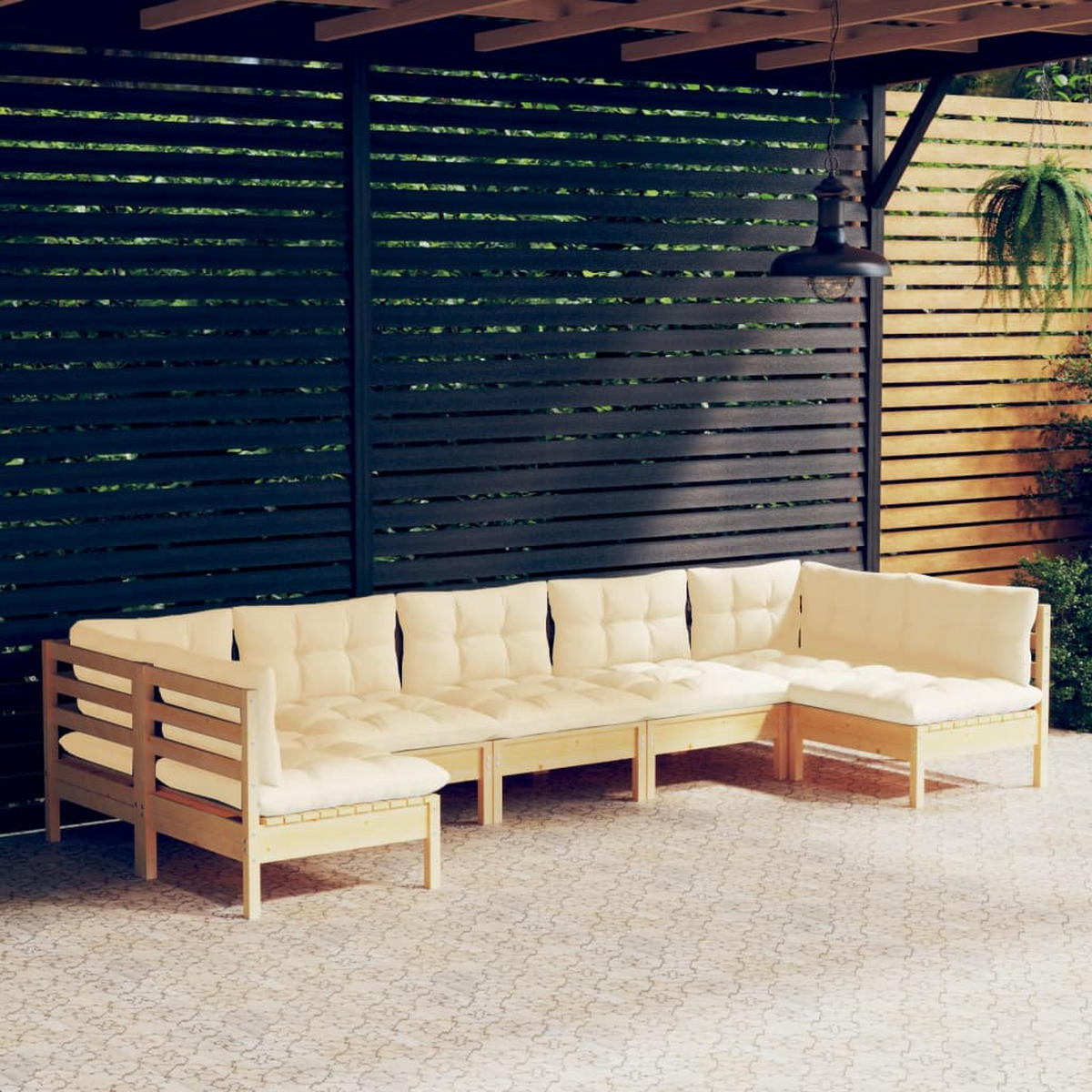 GARTEN-LOUNGE-SET 7-teilig Mit Creme Kissen Massivholz Kiefer - Creme, Holz/Textil - vidaXL