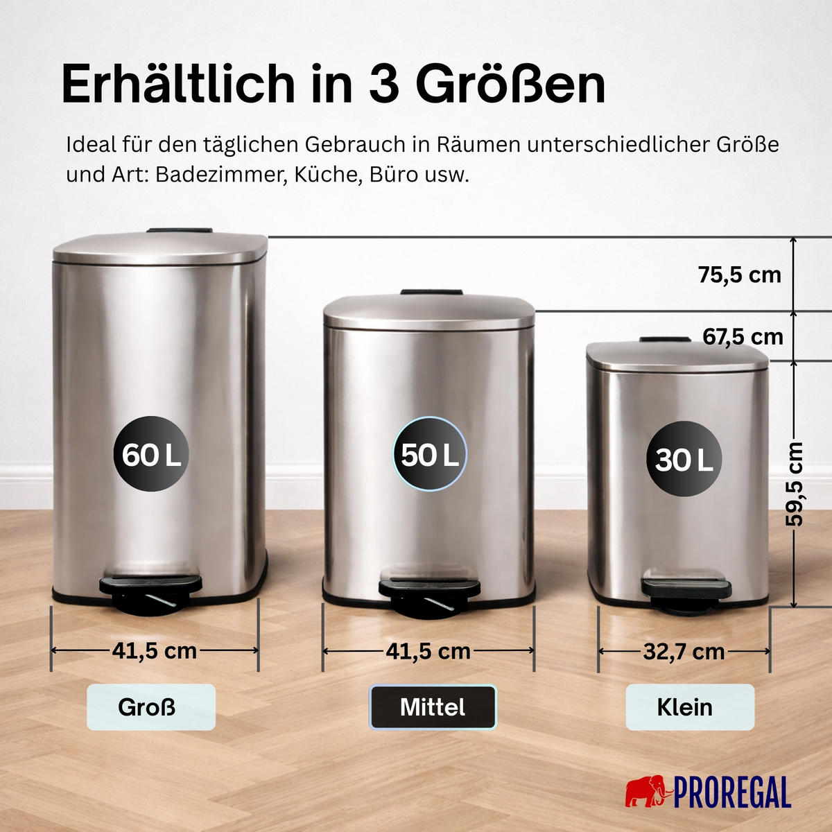 MÜLLEIMER 50 Liter mit Softclose & Fußpedal - Silberfarben, Metall (41.5/67.5/49cm) - PROREGAL