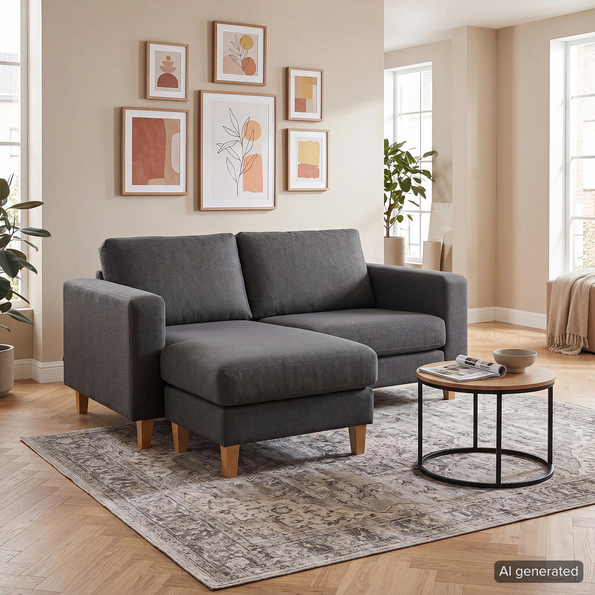 ECKSOFA 1-SITZER mit Longchair - Dunkelgrau, Holz/Buchenholz (154/140cm) - home24