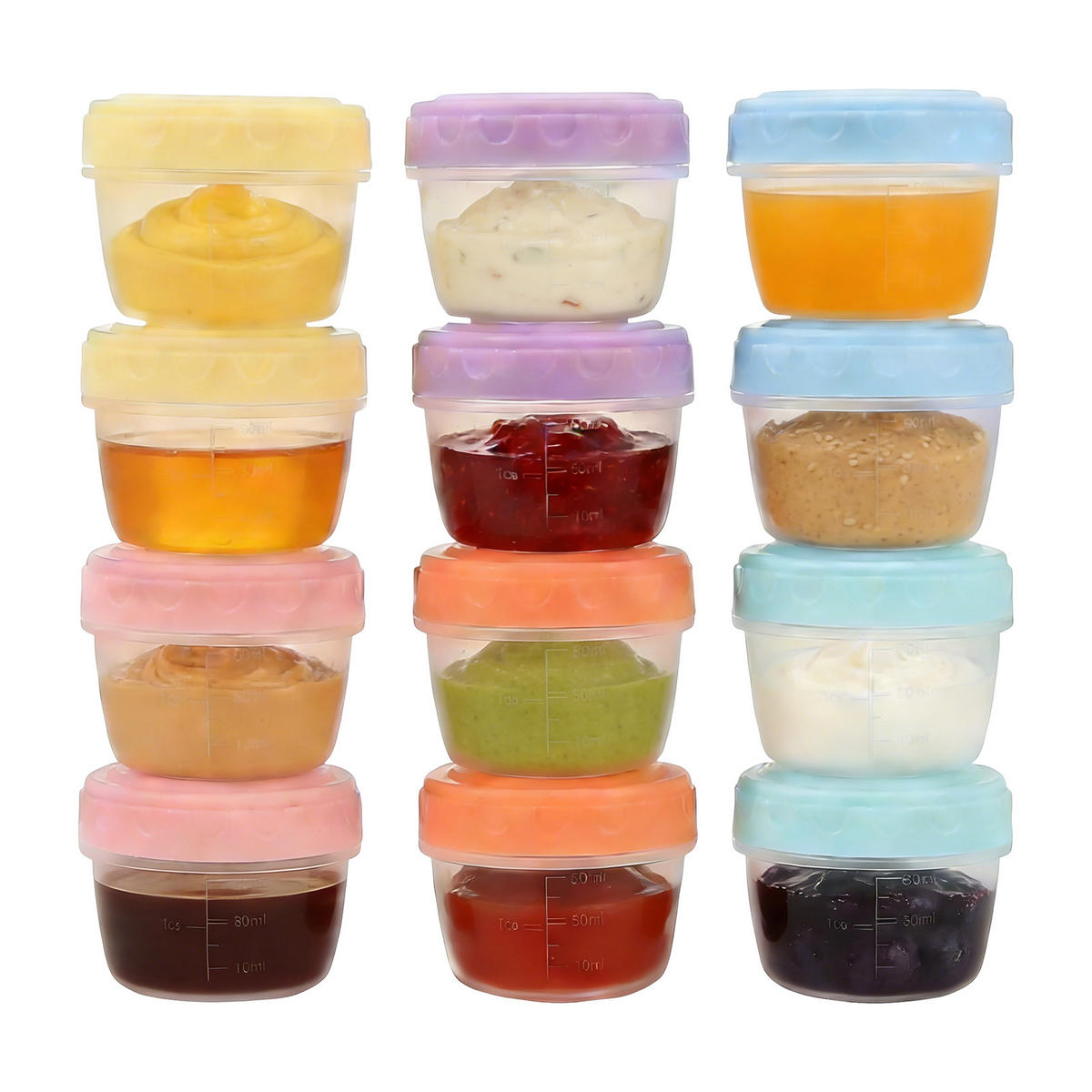 VORRATSDOSEN-SET 12 Stück Mini Saucenbehälter 50ml, PP lebensmittelecht, auslaufsicher, stapelbar, mikrowellenfest für Salatdressing & Babybrei - Transparent, Kunststoff - WoodenAura
