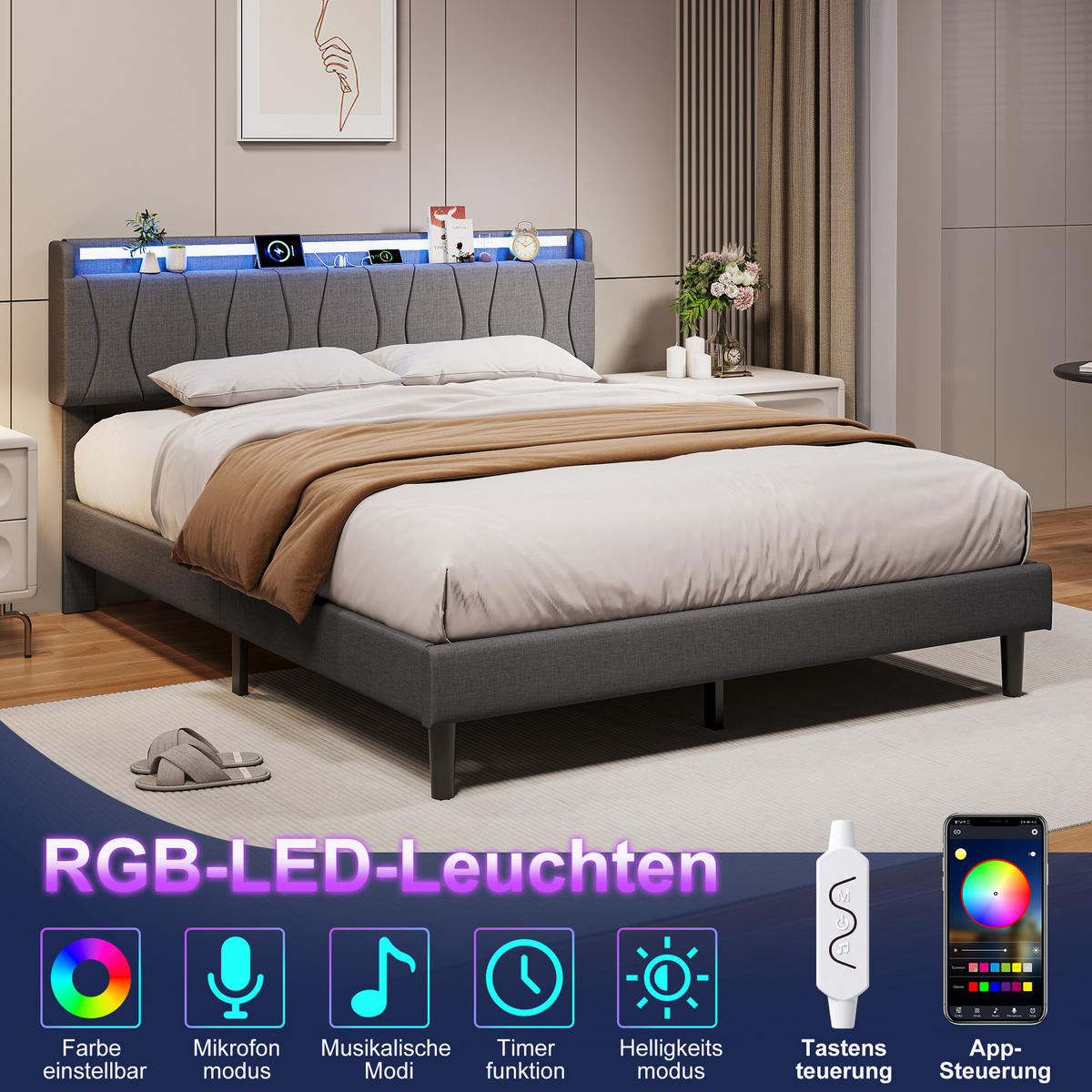 POLSTERBETT 160x200 cm mit LED & USB, Lattenrost, Grau - Grau, Metall (160/200cm)