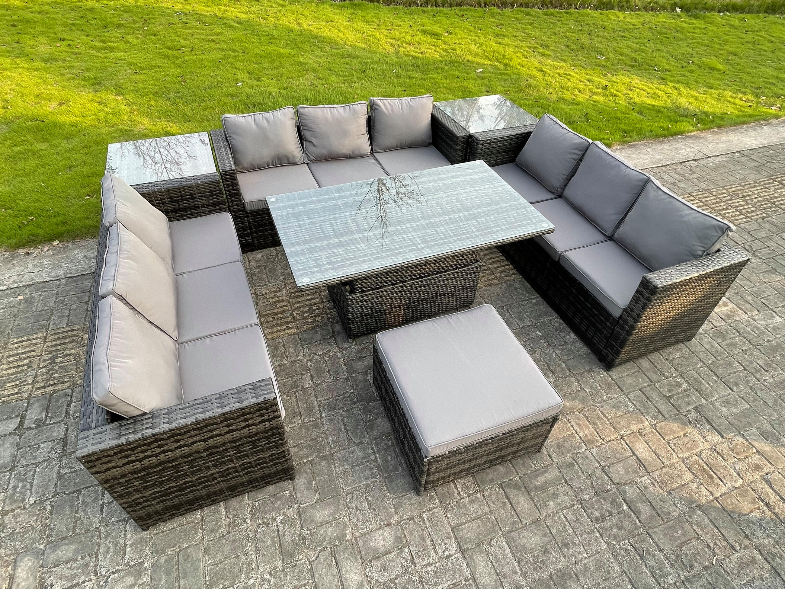 GARTENTISCHGRUPPE Polyrattan 10-Sitzer - Dunkelgrau/Grau, Glas/Kunststoff - Fimous