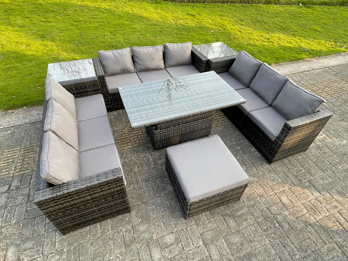 GARTENTISCHGRUPPE Polyrattan 10-Sitzer - Dunkelgrau/Grau, Glas/Kunststoff - Fimous