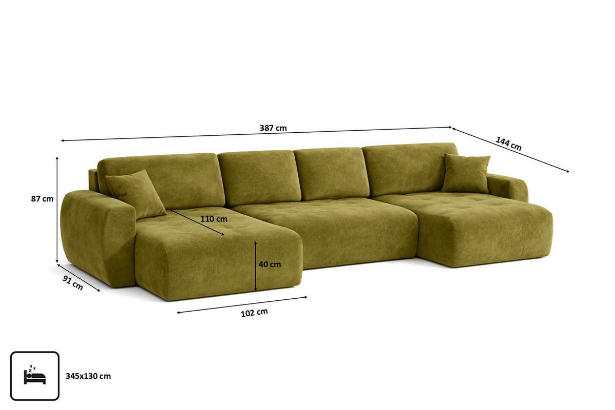 ECKSOFA Mit Schlaffunktion Und Bettkasten U-Form Ivo U XL, Veloursstoff Salvador, Olive - Olivgrün, Holz (387/144cm) - Kaiser Möbel